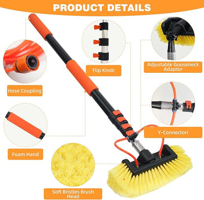 12FT/144inch Car Wash Brush with Long Handle Water Fed Telescopic Pole with Angle Adapter 12" Soft and Hard Bristle Cleaning Tool for Car Truck RV House Floor Window Glass Roof Pool