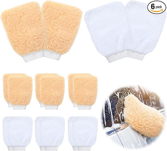 6 Pack Wool Car Wash Mitt, 9 x 6.3 Lambswool Wash Mitt Soft Imitation Professional Wool Cleaning Gloves for Car Detailing House Dusting Home Surface Care, Yellow & White