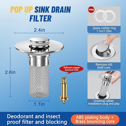 2PC Bathroom Sink Stopper Hair Catcher, Pop Up Sink Drain Filter with Removable Stainless Steel Filter Basket Hair Catcher, for US Bathroom Sink Stopper Replacement.