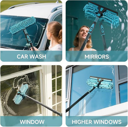 AIDELY 62" Window Squeegee, 2 in 1 Window Cleaning Tool with Telescopic Pole, Rotatable and Bendable Head for High Windows Indoor Outdoor, Includes 2 Blades & 2 Pads (Microfiber+Pads)
