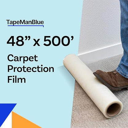 TapeManBlue Carpet Protection Film, 48 inch x 500 Foot roll, Self Adhesive Plastic Carpet Protector Film with Clean Removal & Easy Unwind, Strong and Durable Covering for Construction