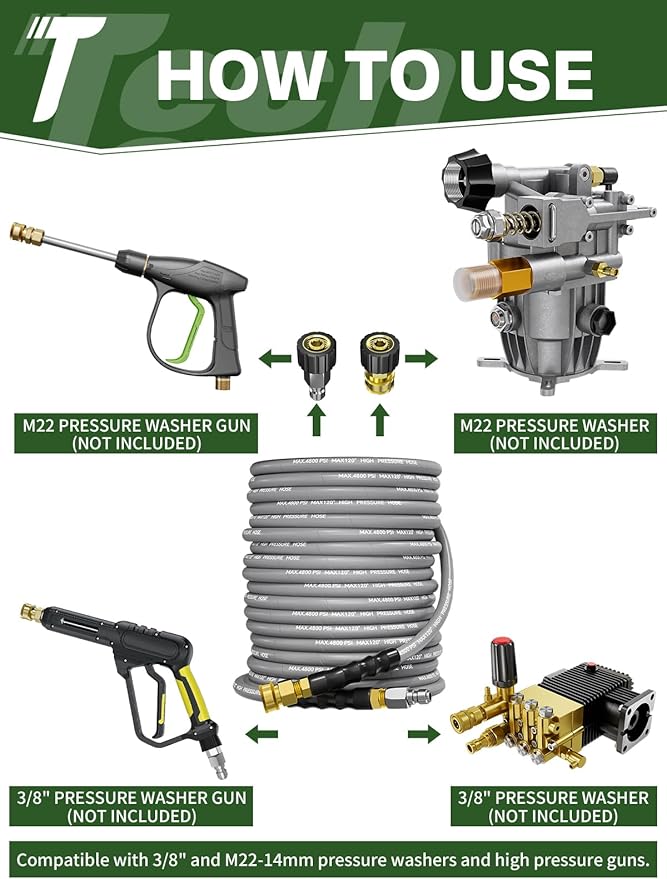 3/8" 4800PSI Pressure Washer Hose 125FT with Swivel Quick Connect for Cold/Hot Water Max 248°F, Kink Resistant Steel Wire Braided, Wear Resistant Power Washer Hose with M22 14mm Adapter