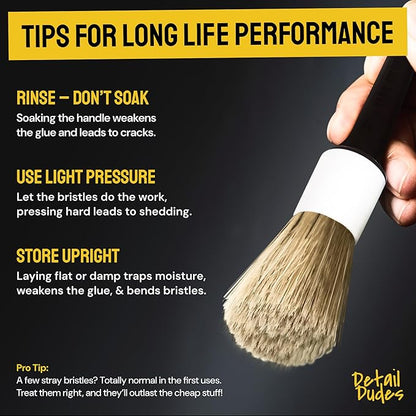 Soft Boar Hair Car Detailing Brush Set - 3-Pack, Brown - Car Detailing Kit for Versatile Uses - Soft Bristles Cleaning Brush - Water-Resistant Handles