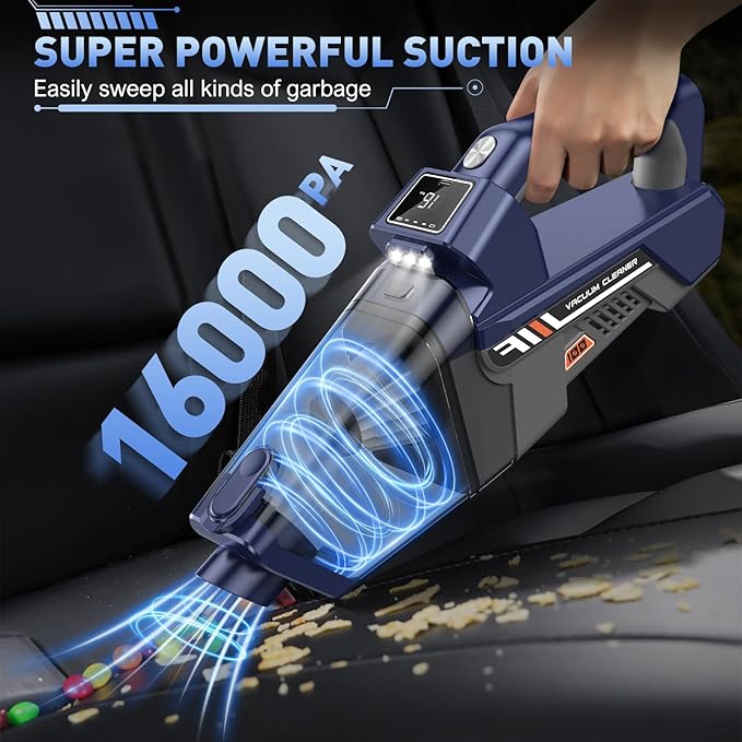 JONYJ Handheld Vacuum Cordless, 16000PA High Power Car Vacuum Cleaner, Portable Hand Held Vacuum Cleaner with LED Light & Multi-Nozzles, Dust Buster Rechargeable for Home, Car, Office, Pet