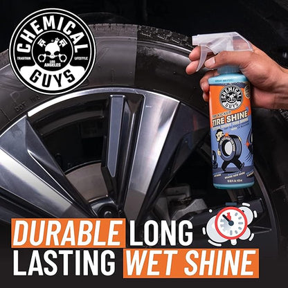 Chemical Guys Tire Kicker Sprayable Extra Glossy Tire Shine with Applicator (Works on Rubber, Vinyl & Plastic) Safe for Cars, Trucks, Motorcycles, RVs & More, 16 fl oz