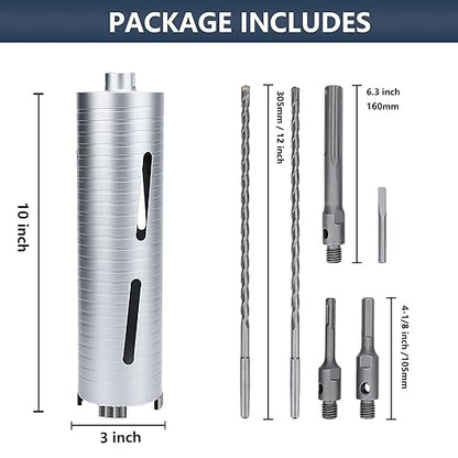 3 inch Diamond Dry Core Drill Bit, 10" Drilling Depth, 5/8"-11 Thread Core Drill Bit for Concrete Masonry Brick Block, Includes 3 Adapters SDS Plus, SDS Max and Hex (3 inch)