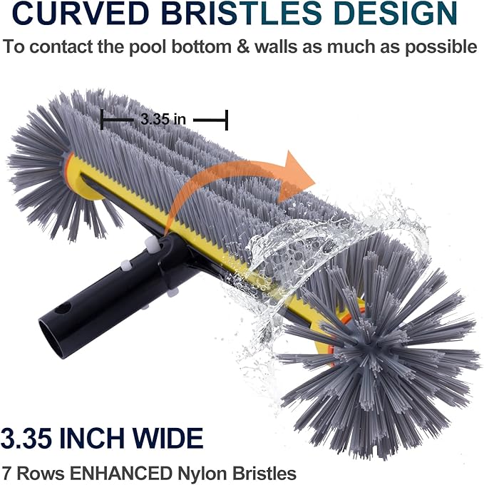 POOLAZA Pool Brush Head with Round Ends, Heavy Duty Pool Brushes for Cleaning Pool Walls, Floors Steps & Corners, 17.5" Pool Brush with Sturdy Aluminum Handle & Durable Nylon Bristles (Yellow)