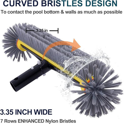POOLAZA Pool Brush Head with Round Ends, Heavy Duty Pool Brushes for Cleaning Pool Walls, Floors Steps & Corners, 17.5" Pool Brush with Sturdy Aluminum Handle & Durable Nylon Bristles (Yellow)