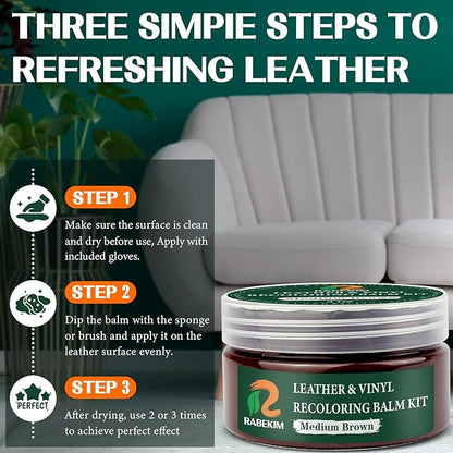 RABEKIM Medium Brown Leather Repair Kit, Leather Recoloring Balm – Restore & Repair Faded Leather on Couches, Car Seats, Shoes & Furniture | Leather Color Restorer & Conditioner | Easy DIY Application