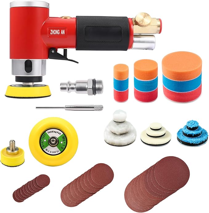 ZHONG AN 1'' 2'' 3'' Mini Orbital Sander da sander Air Dual Action Sander High Speed Pneumatic Mini Sanders Includes 18Pcs 1/2/3in Polishing Sponge & Wool Pads, 30Pcs Sandpapers (RED)