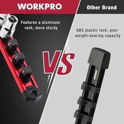 WORKPRO Magnetic Socket Organizer, 3/8-Inch Drive Aluminum Alloy Sockets Rail, Heavy Duty Sockets Holder, Socket Rack Kit 3/8-Inch x 10 Clips (Red)
