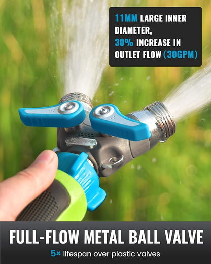 RAINPOINT Garden Hose Splitter, 2 Way Heavy Duty Water Hose Y Spigot Splitter with Shutoff Valves, 100% Metal Body Outdoor Faucet Splitter, 1.9" Extra Long Metal Handle, 3/4" GHT Thread (2, Blue)