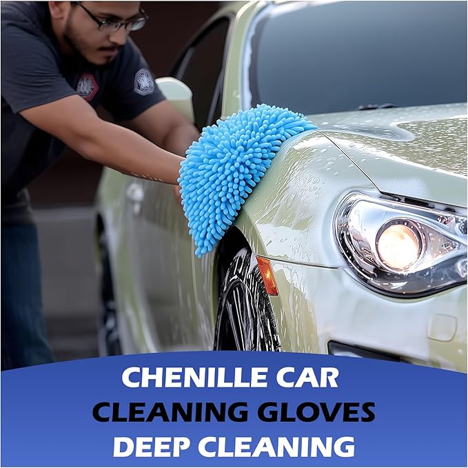 4Pcs Car Wash Mitt Microfiber Gloves Chenille Material Microfiber Towels for Car Washing Supplies Kit Scratch Free Cleaning Gray + Sky Blue