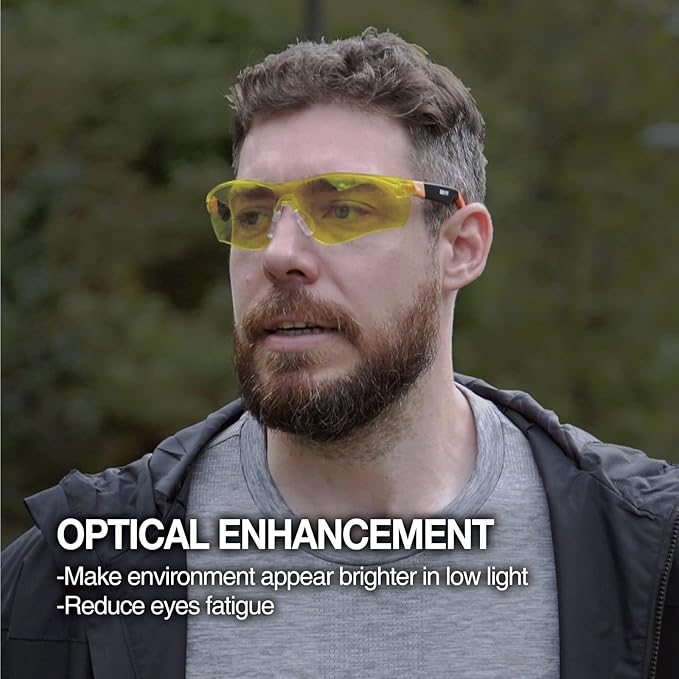 DEX FIT Safety Glasses SG210, Z87 Eye Protection, Anti-Fog & Scratch Resistant, Adjustable for Women and Men, Blue Light Blocking & UV Protection (Black & Orange Frame, Yellow Lens)