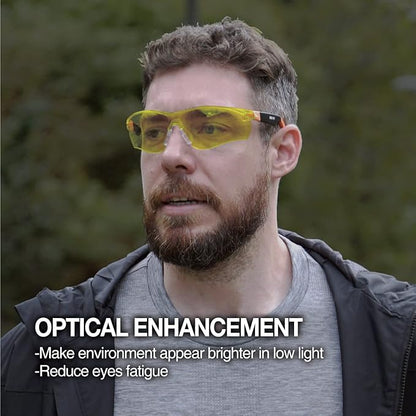 DEX FIT Safety Glasses SG210, Z87 Eye Protection, Anti-Fog & Scratch Resistant, Adjustable for Women and Men, Blue Light Blocking & UV Protection (Black & Orange Frame, Yellow Lens)