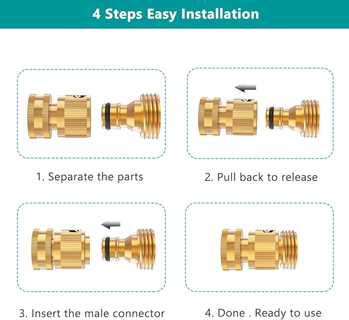 FINEST+ Garden Hose Quick Connector, Solid Brass 3/4 Inch Thread Fitting No-Leak Water Hose Female and Male Easy Connect (4 Sets)