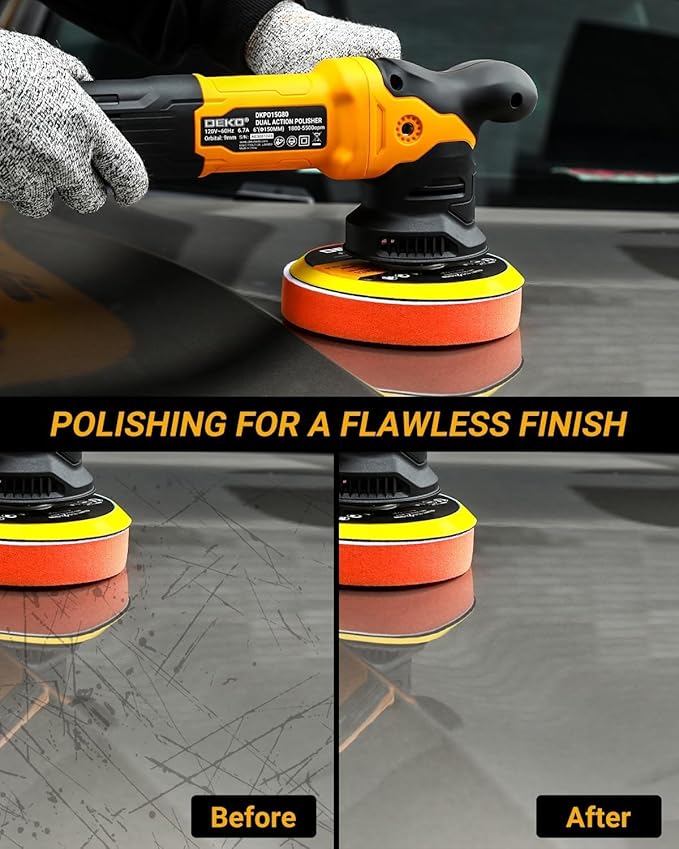 DEKOPRO Car Buffer Polisher, 6 Inch Dual Action Orbital Buffer Polisher, 6 Variable Speed 1800-5500OPM Random Polisher Kit with 4 Buffing Pads for Car Detailing Polishing Waxing, DKPO15G80-US