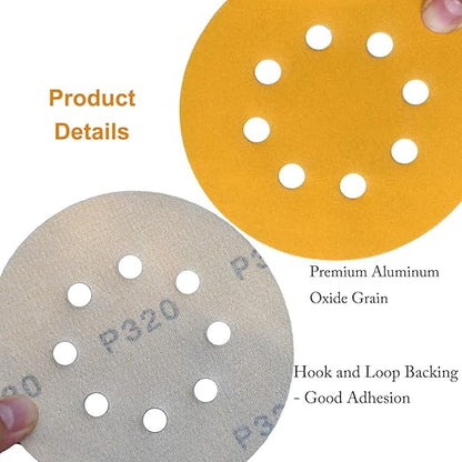 Aiyard 5-Inch 8-Hole Hook and Loop Sanding Discs 320-Grit Random Orbit Sandpaper, 100-Pack