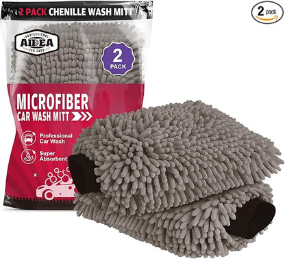 AIDEA Car Wash Mitt Microfiber-2Pack, Scratch-Free& Lint-Free, Premium Chenille Microfiber Wash Mitt-Grey Extra Large Size (8''X12'')