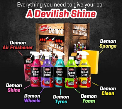 CarPlan Demon Car Wash Kit - 7 Piece Set Includes Car Wash Soap, Wheel Cleaner, Tire Shine, Interior Cleaner, Demon Shine, Air Freshener & Sponge