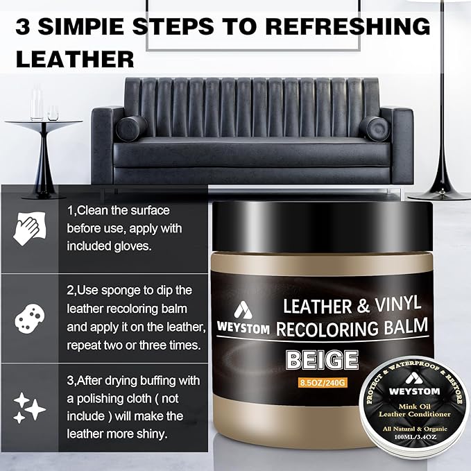 8.5 OZ Leather Recoloring Balm with 100ML Leather Conditioner - Beige Leather Repair Kit for Furniture, Leather Dye, Recolor, Renew, Repair & Restore Aged, Faded, Cracked, Peeling and Scuffed Leather