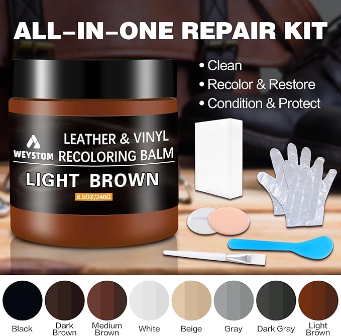 Leather Recoloring Balm - Light Brown Leather Repair Kit for Furniture, Dye, Recolor, Renew, Repair & Restore Aged, Faded, Cracked, Peeling and Scuffed, Car Care