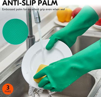 Vgo... 3-Pairs Reusable Household Gloves, Rubber Dishwashing gloves, Extra Thickness, Long Sleeves, Kitchen Cleaning, Working, Painting, Gardening, Pet Care (Size M, Green, HH4601)