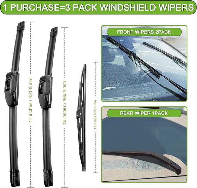 PARRATI® Windshield Wipers for Hummer H3 2006-2010,17"+16" Front and 11" Rear,OEM Replacement Wiper Blades,Quiet & Streak-Free(Set of 3)