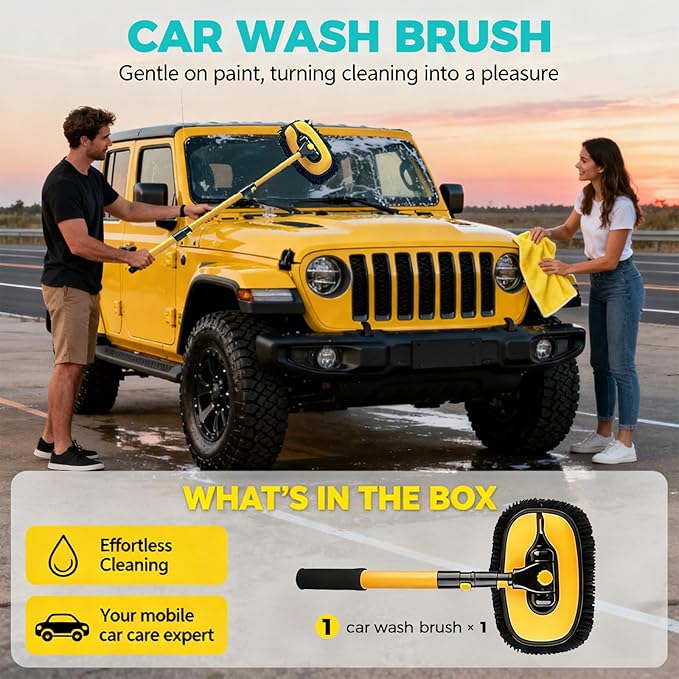 15° Curved Car Cleaning Brush with Telescopic Handle 43" Aluminum Alloy Long Rod Wash Mop for Cleaning RVs, Trucks, Boats