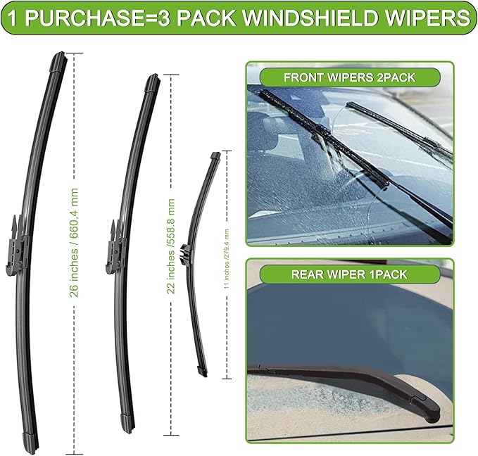 PARRATI® High Performance Premium All-Season Automotive Windshield Wipers with Rear Wiper Blades Replacement for 2011-2023 Ford Explorer,Easy DIY Install 26"+22"+11" (Set of 3)