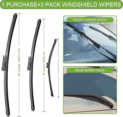 PARRATI® High Performance Premium All-Season Automotive Windshield Wipers with Rear Wiper Blades Replacement for 2011-2023 Ford Explorer,Easy DIY Install 26"+22"+11" (Set of 3)