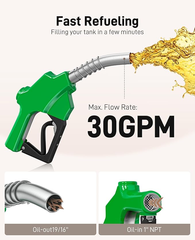 1"NPT Green Automatic Shut-Off Fuel Nozzle, Diesel Gas Pump Nozzles Max Flow Rate 30 GPM, 19/16" (OD=30mm) Spout Car Fuel Filling Transfer Nozzle Used for Diesel Petrol Gasoline Kerosene