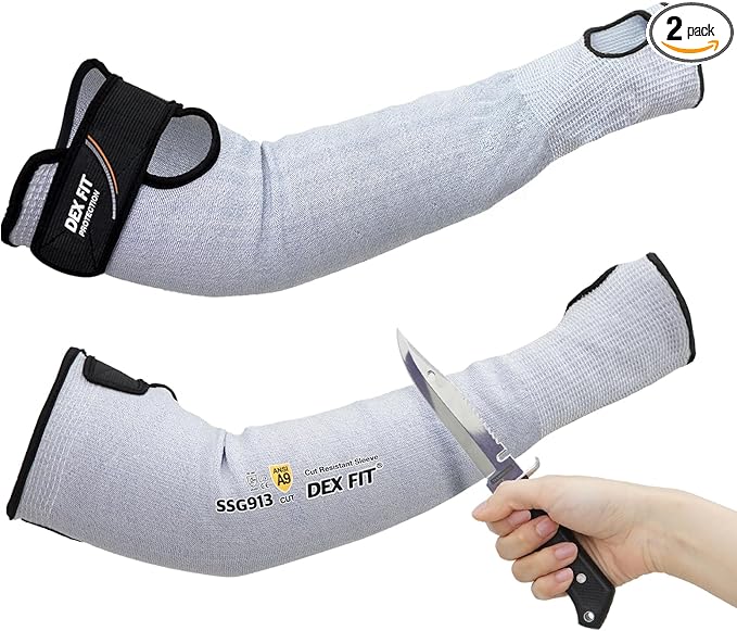 DEX FIT SSG913S ANSI A9 Cut Resistant Sleeves with Thumb Hole, Comfortable Arm Covers for Thin Skin and Bruising, Anti Slip Strap, Machine Washable; Blue L 1 Pair