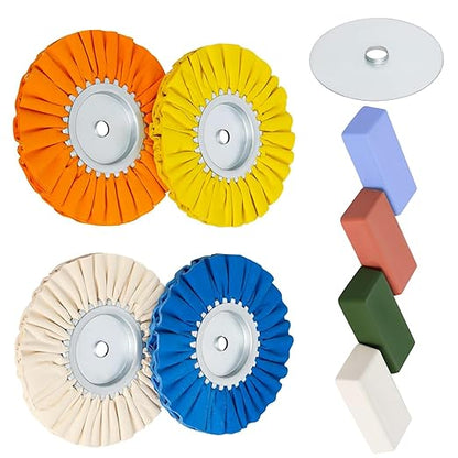 Ketofa 8'' Airway Buffing Wheel Kit, 9 Pcs Aluminum Wheel Polishing Kit in Diameter 5/8 inch Arbor Hole, Polishing Compound, Safety Flange, Metal Polishing Wheel for Angle Grinder Mirror Finish