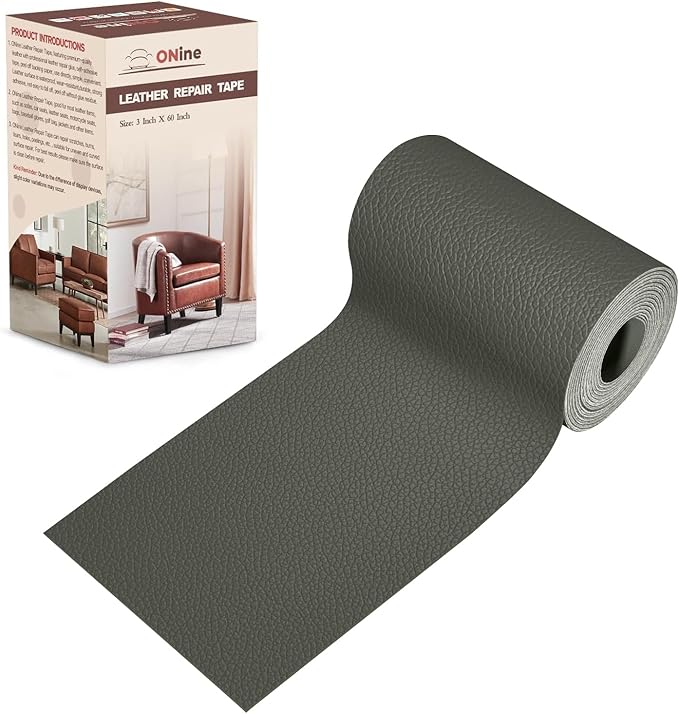 ONine Leather Repair Patch，Leather Repair Tape, 3 x 60 inches Leather Repair Patch for Furniture,Vinyl Repair kit，Leather Couch Patch，for Sofas, Furniture, car Seats(Grey-Litchi Grain)