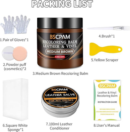 BSCPAM Medium Brown Leather Recoloring Balm with 100ml Mink Oil,Leather Couch Scratch Remover,Leather Repair kit for Vinyl Furniture and Car Interior,Leather Dye Paint,Mink Oil for Leather