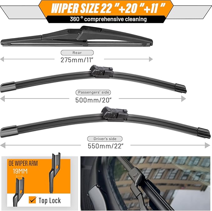 AUTOBOO 22"+20" Windshield Wipers with 11" Rear Wiper Blade Replacement for Jeep Renegade 2015 2016 2017 2018 2019 2020 2021 2022 2023-Original Factory Quality (Pack of 3)