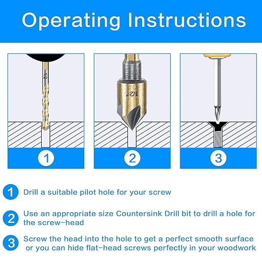 Countersink Drill Bit Set, 5 Pieces High Speed Steel 82 Degree 5 Flute 6mm Round Shank Mill Cutter Bit Countersink in Sizes 1/4” 3/8” 1/2” 5/8” 3/4” Set with Carrying Case
