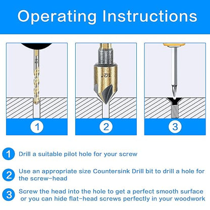 Countersink Drill Bit Set, 5 Pieces High Speed Steel 82 Degree 5 Flute 6mm Round Shank Mill Cutter Bit Countersink in Sizes 3/8" Set with Carrying Case.
