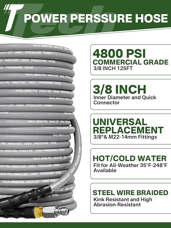 3/8" 4800PSI Pressure Washer Hose 125FT with Swivel Quick Connect for Cold/Hot Water Max 248°F, Kink Resistant Steel Wire Braided, Wear Resistant Power Washer Hose with M22 14mm Adapter