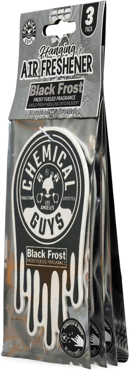 Chemical Guys Car Fresheners, Hanging Air Freshener, Black Frost Scent 12 Pack, Great for Cars, Trucks, SUVs, RVs, Home, Garage, Workspace, Dorm Room & More (4 x 3 Packs)