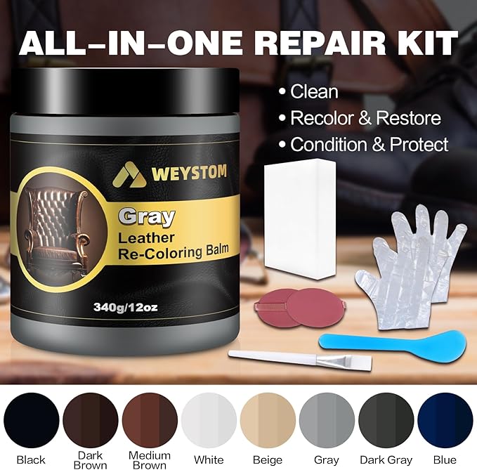 WEYSTOM Leather Recoloring Balm, 12oz Large Size Leather Dye, Color Restorer, Scratch Repair, Furniture & Couch Restorer Kit, Repair Kit for Furniture(Gray)