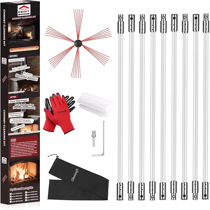 Cleancraft 30 Feet Chimney Sweep Kit, Chimney Cleaning Kit with 9 Flexible White Chimney Rods, Chimney Brush for Sweeping Fireplace, Rotary Chimney Cleaning System Driven by Drill