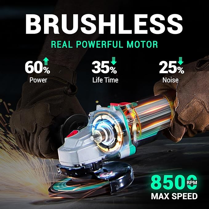 DCA Cordless Angle Grinder 4-1/2 inch, 20V Brushless Motor 8500RPM, Battery Grinder Tool-Free Guard, 4.0Ah Battery & Charger, Power Electric Cut Off Tool with 6 Discs for Cutting, Grinding, Polishing