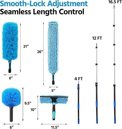 23FT High Reach Duster Cleaning Kit with Extension Pole, Ceiling Fan Cleaner Duster with 4-16.5 ft Telescoping Pole, 2 in 1 Squeegee for Window Cleaning, Spider Web Brush for Shower Glass Car Cleaning