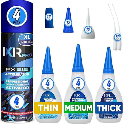 CA Glue with Activator Kit (12x1.75 oz. Thin-Medium-Thick + 4x16.9 fl.oz.) Cyanoacrylate Glue and Activator, Super Glue Accelerator, Super Glue for Wood, Woodworking, Plastic, Guitar, 3D Printing