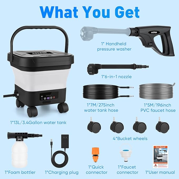 660PSI Portable Cordless Pressure Washer with Folding 3.4Gal Tank, 6-in-1 Nozzle, 7 Adjustable Pressure Levels, 7M Hose, Portable Sprayer with Wheels for Car Floor Wall Fence Cleaning (White)
