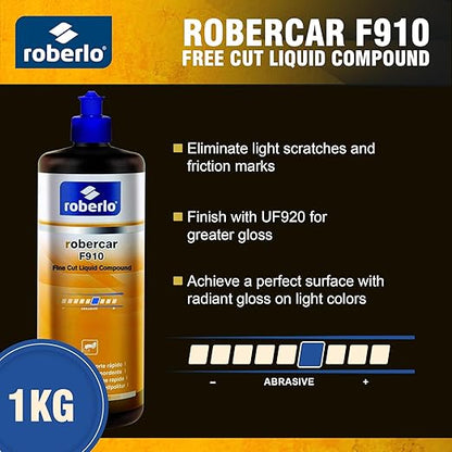 ROBERCAR F910 Fine Cut Liquid Compound - Premium Buffing, Cutting, & Polishing Compound for Automotive Paint Restoration, Polishing Kit - 1KG - High-Gloss Finish