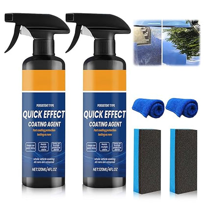 2Pcs Advanced Car Quick-Acting Coating Agent Spray, Quick Effect Coating Agent for Vehicle, Car Scratch Wax Polish Sprays, Multi-Purpose Oil Film Emulsion Glass Cleaner with Sponge and Cloth
