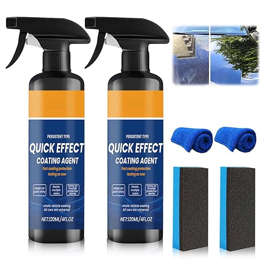 2Pcs Advanced Car Quick-Acting Coating Agent Spray, Quick Effect Coating Agent for Vehicle, Car Scratch Wax Polish Sprays, Multi-Purpose Oil Film Emulsion Glass Cleaner with Sponge and Cloth